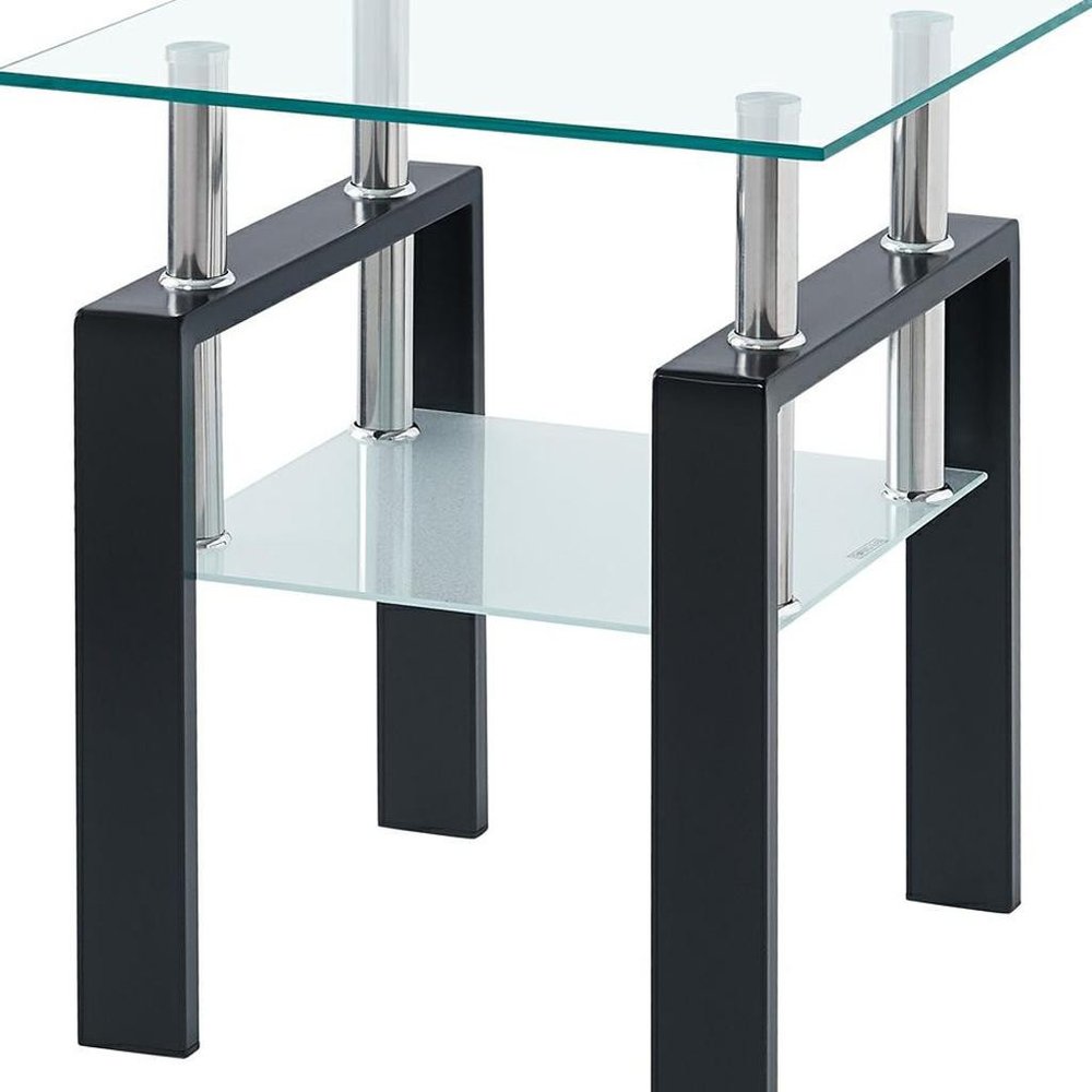 Set of Two Black Glass and Steel Square End Tables With Shelf