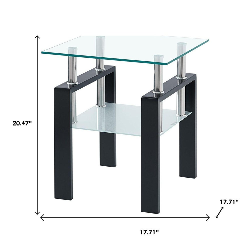Set of Two Black Glass and Steel Square End Tables With Shelf