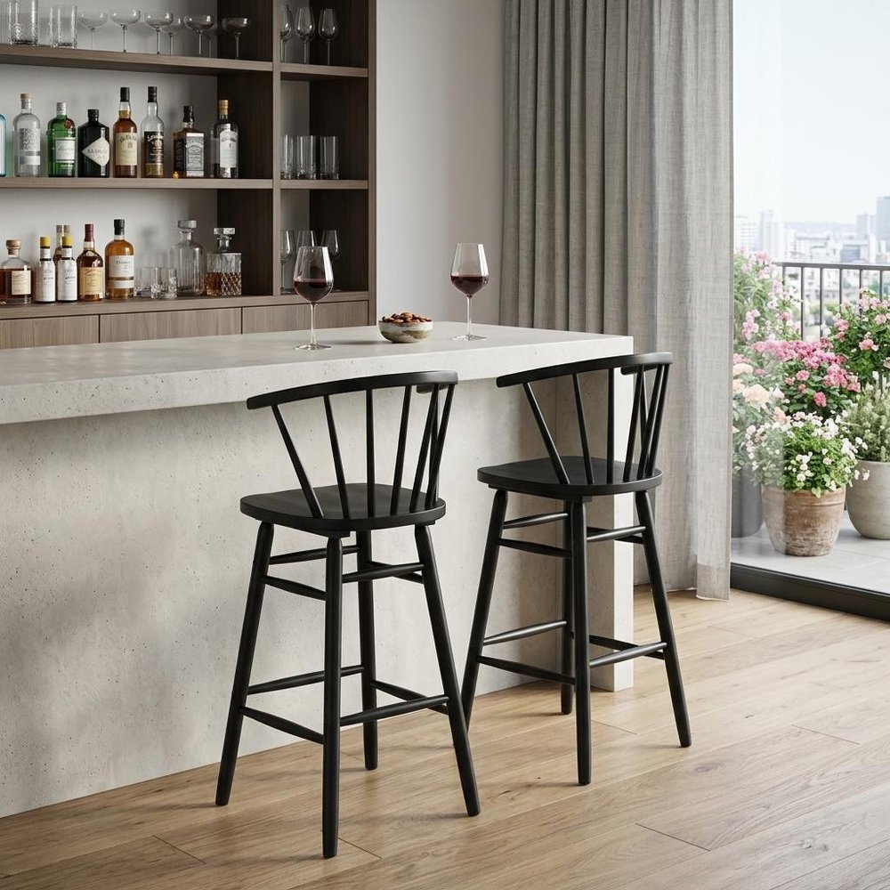 Set of Two 30" Black Solid Wood Bar Height Bar Chairs