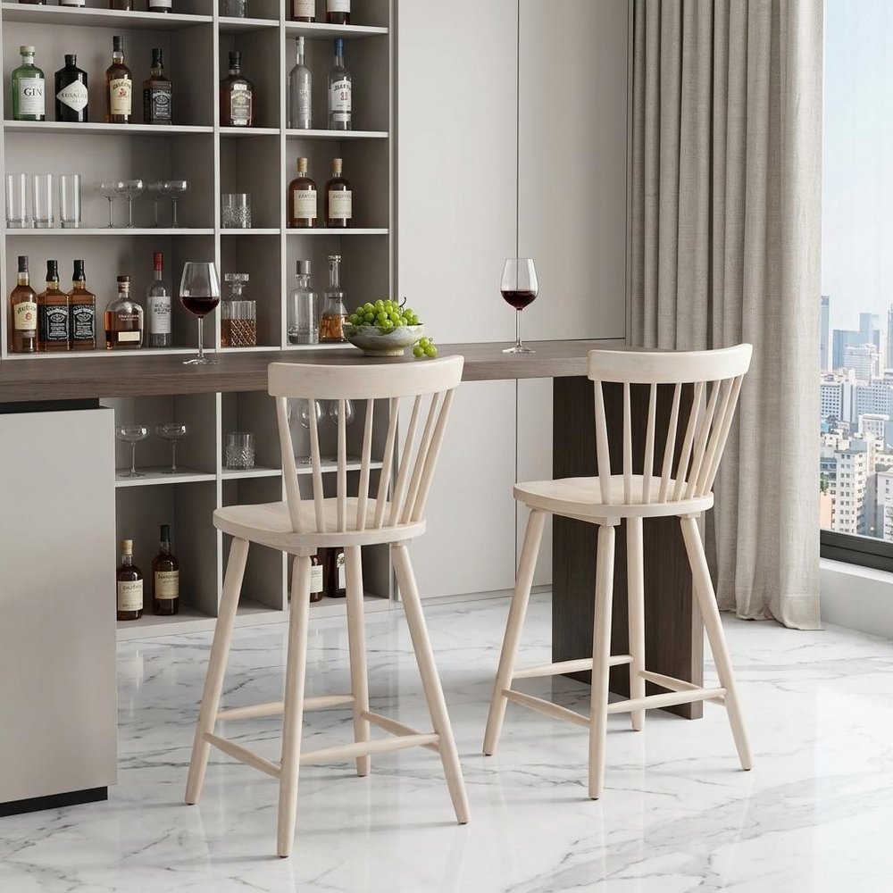 Set of Two 30" Natural Solid Wood Bar Height Bar Chairs