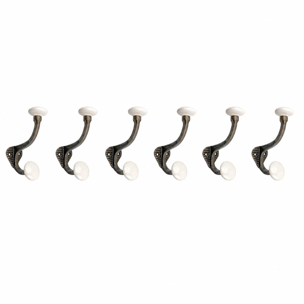 Set of Six Bronze And White Cast Iron And Ceramic Double Wall Hooks