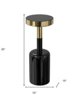25" Powder Coated Black and Gold Tempered Glass and Iron Round Pedestal End Table