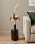 25" Powder Coated Black and Gold Tempered Glass and Iron Round Pedestal End Table