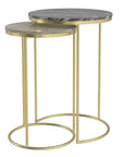 Set of Two Glossy Gray Stone and Gold Marble and Iron Round Nested Tables