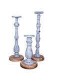 Set of Three Gray Distressed Wood Tabletop Pillar Candle Holders