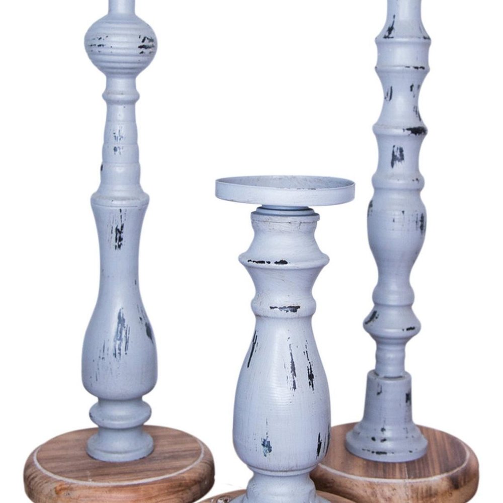 Set of Three Gray Distressed Wood Tabletop Pillar Candle Holders