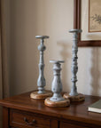 Set of Three Gray Distressed Wood Tabletop Pillar Candle Holders