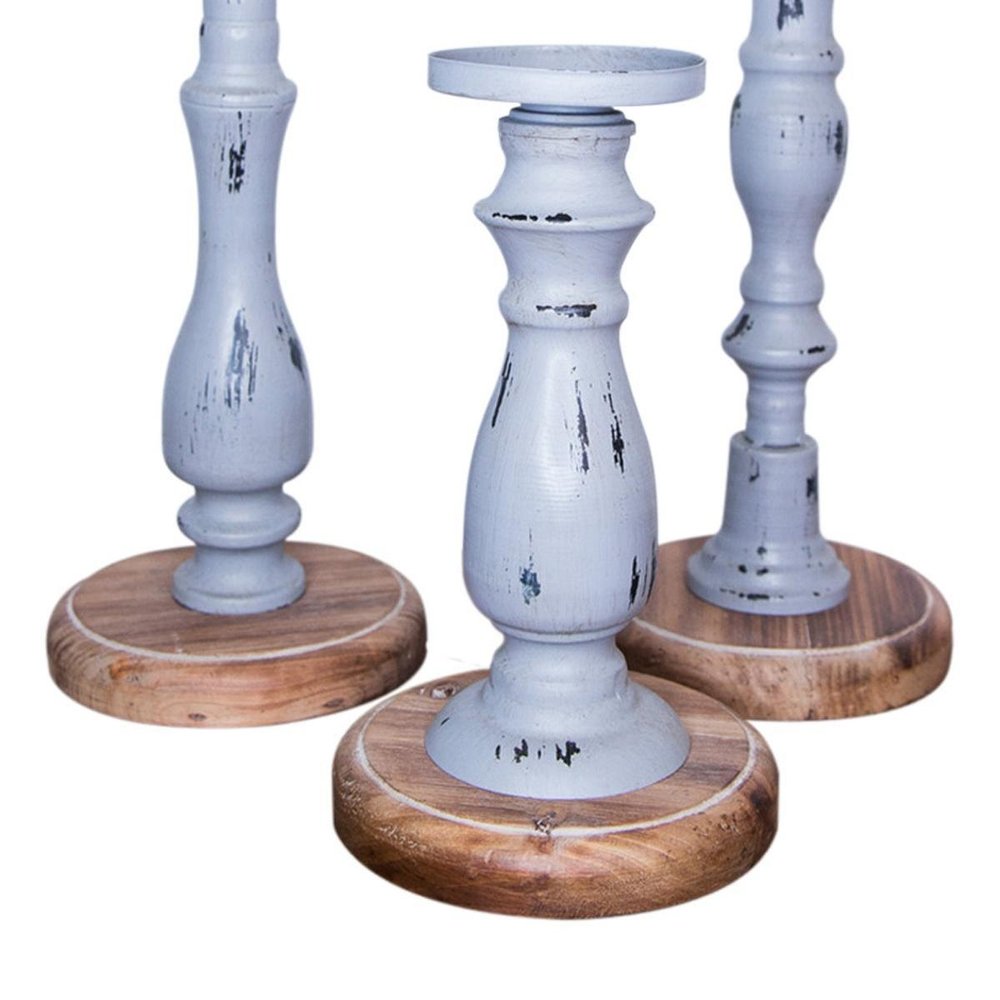 Set of Three Gray Distressed Wood Tabletop Pillar Candle Holders