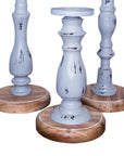 Set of Three Gray Distressed Wood Tabletop Pillar Candle Holders