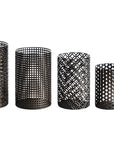 Set of Five Dark Brown Pierced Geometric Metal Tabletop Hurricane Candle Holders