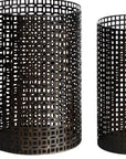 Set of Five Dark Brown Pierced Geometric Metal Tabletop Hurricane Candle Holders