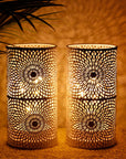 Set of Two 8" White Metal Pierced Geometric Battery Operated Lamps With Cylinder Shades
