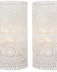 Set of Two 8" White Metal Pierced Geometric Battery Operated Lamps With Cylinder Shades