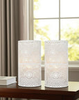 Set of Two 8" White Metal Pierced Geometric Battery Operated Lamps With Cylinder Shades
