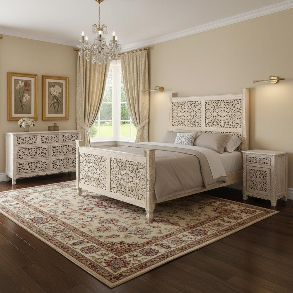 Three Piece White Solid Wood Bedroom Set