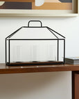 15" Black Metal Glass And Wood Geometric Three Light Hurricane Candle Holder