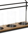 15" Black Metal Glass And Wood Geometric Three Light Hurricane Candle Holder
