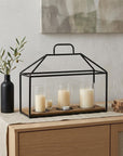 15" Black Metal Glass And Wood Geometric Three Light Hurricane Candle Holder