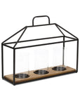 15" Black Metal Glass And Wood Geometric Three Light Hurricane Candle Holder