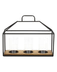 15" Black Metal Glass And Wood Geometric Three Light Hurricane Candle Holder