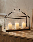 15" Black Metal Glass And Wood Geometric Three Light Hurricane Candle Holder