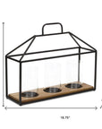 15" Black Metal Glass And Wood Geometric Three Light Hurricane Candle Holder
