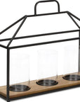 15" Black Metal Glass And Wood Geometric Three Light Hurricane Candle Holder
