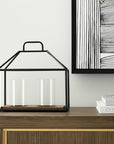 15" Black Metal Glass And Wood Geometric Two Light Hurricane Candle Holder