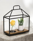 15" Black Metal Glass And Wood Geometric Two Light Hurricane Candle Holder