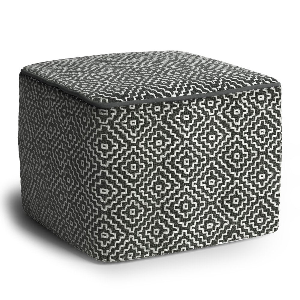 18" Gray And White Polyester Geometric Outdoor Pouf Ottoman