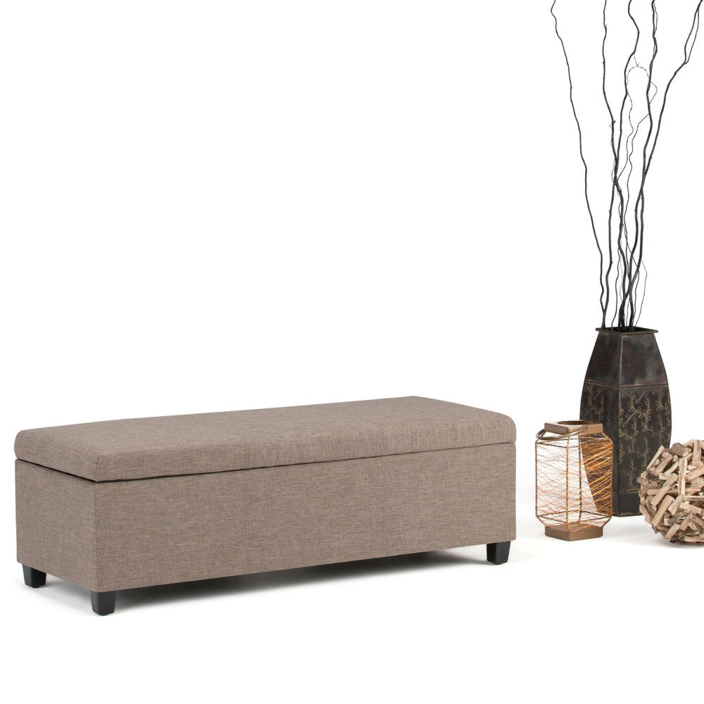 48" Dark Gray And Dark Brown Faux Linen And Solid Wood Upholstered Storage Bench With Flip Top