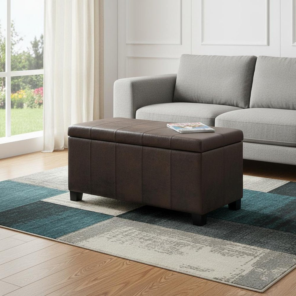 36" Taupe And Dark Brown Faux Leather And Solid Wood Upholstered Distressed Storage Bench With Flip Top