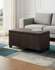 36" Taupe And Dark Brown Faux Leather And Solid Wood Upholstered Distressed Storage Bench With Flip Top