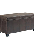 36" Taupe And Dark Brown Faux Leather And Solid Wood Upholstered Distressed Storage Bench With Flip Top