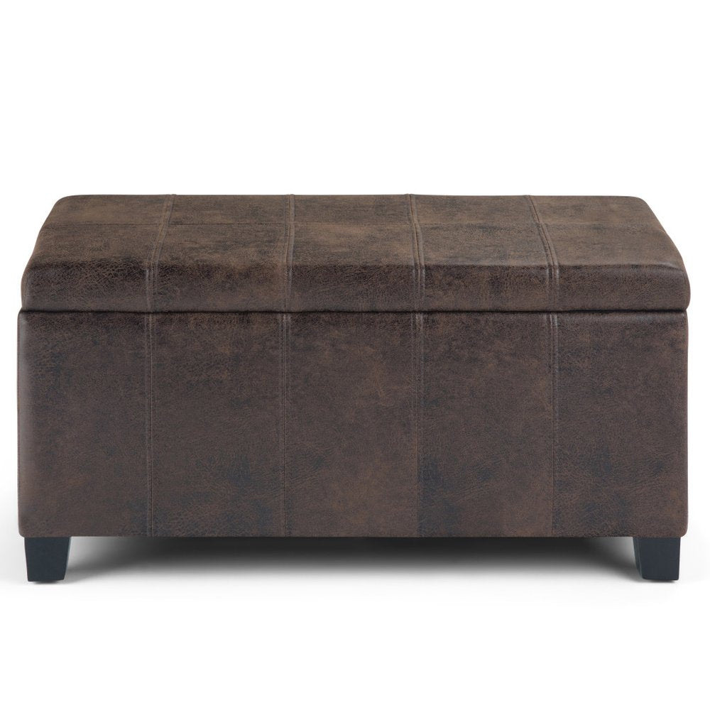36" Taupe And Dark Brown Faux Leather And Solid Wood Upholstered Distressed Storage Bench With Flip Top