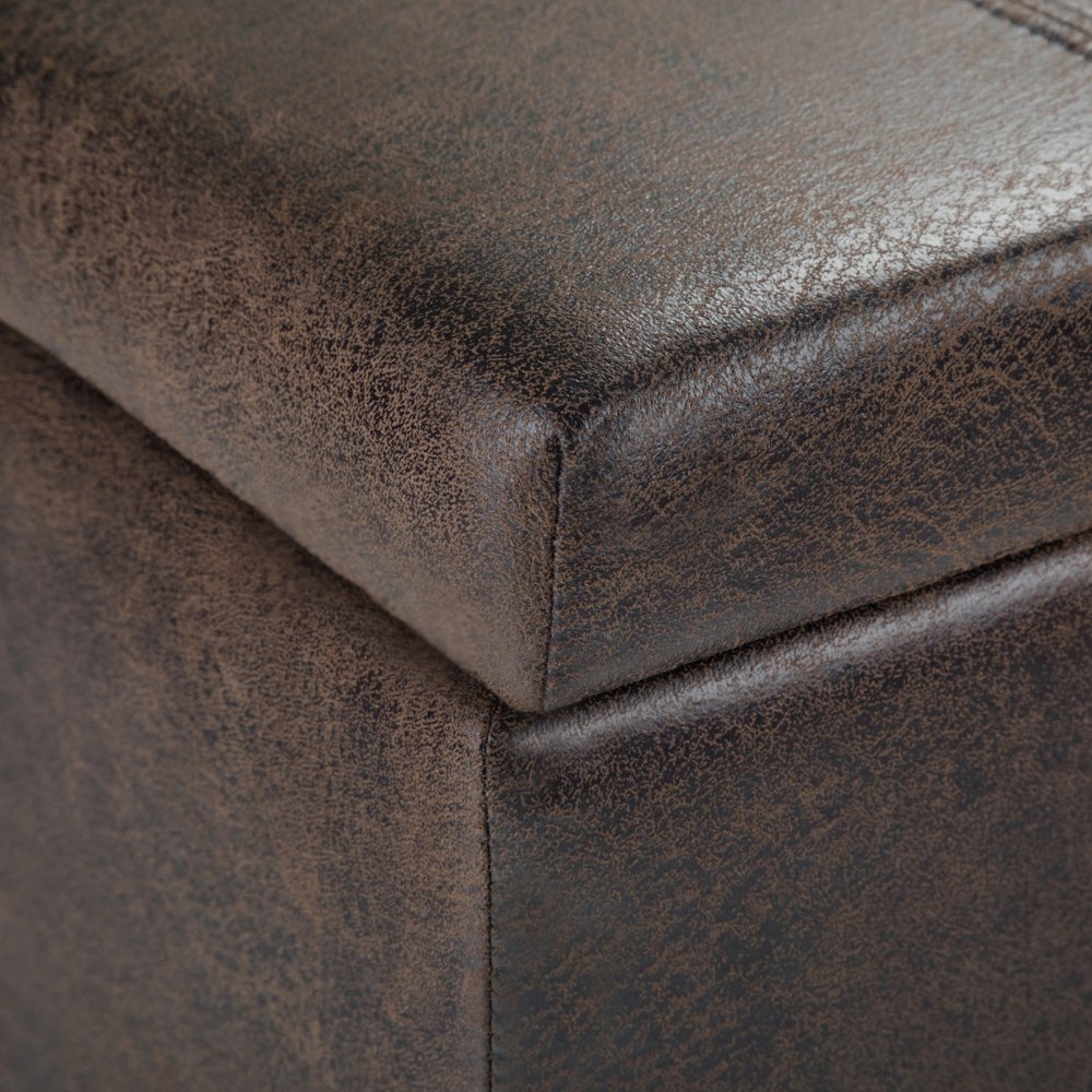 36" Taupe And Dark Brown Faux Leather And Solid Wood Upholstered Distressed Storage Bench With Flip Top