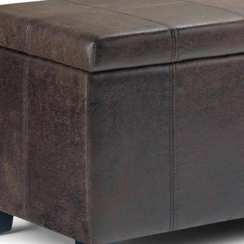 36" Taupe And Dark Brown Faux Leather And Solid Wood Upholstered Distressed Storage Bench With Flip Top
