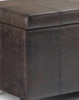 36" Taupe And Dark Brown Faux Leather And Solid Wood Upholstered Distressed Storage Bench With Flip Top