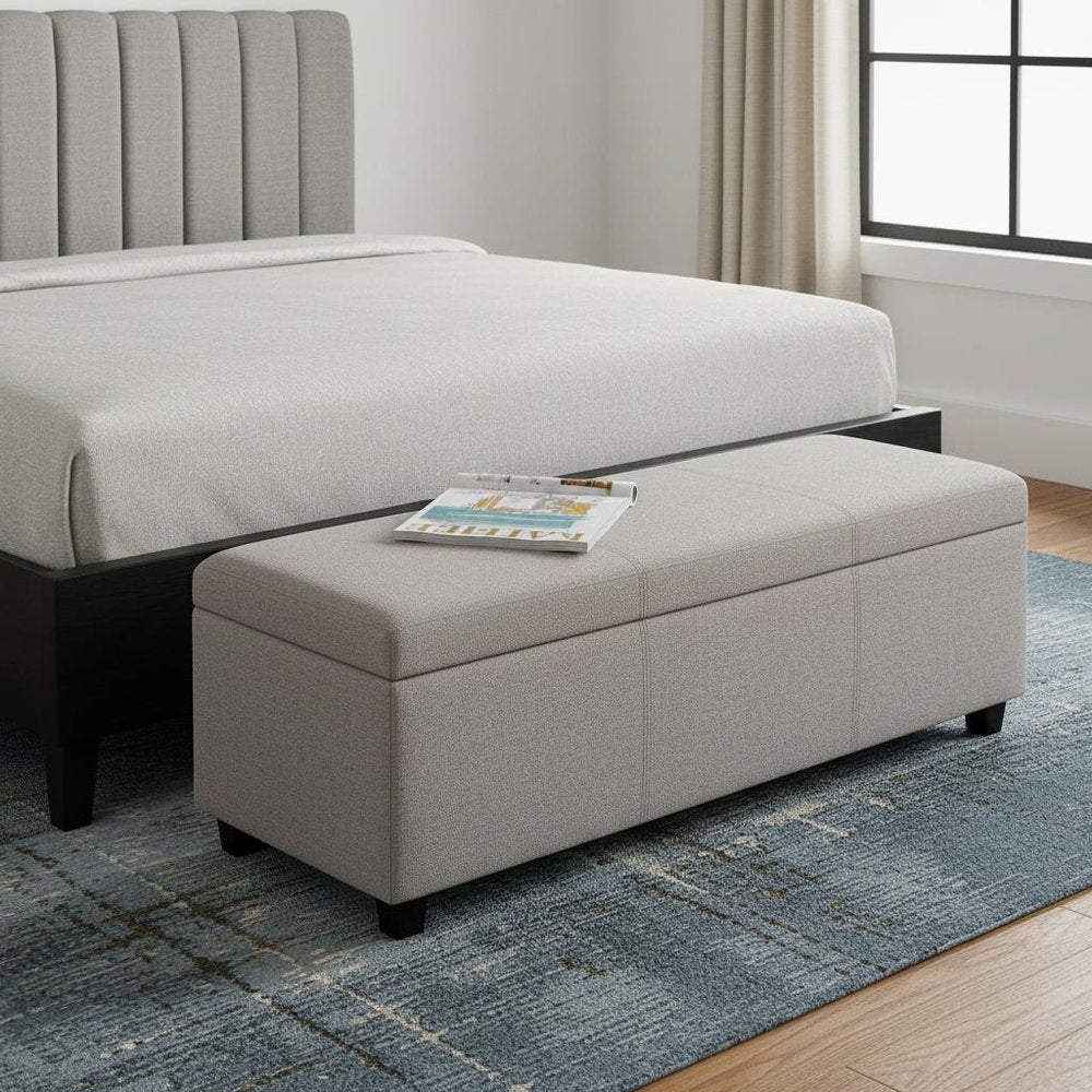 48" Dark Gray And Dark Brown Faux Linen And Solid Wood Upholstered Storage Bench With Flip Top