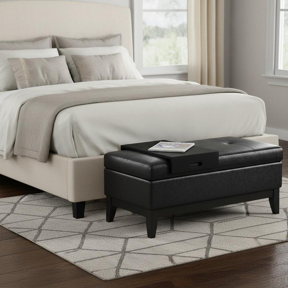 42" Cream and Dark Brown Tufted Faux Leather and Solid Wood Upholstered Storage Bench With Tray