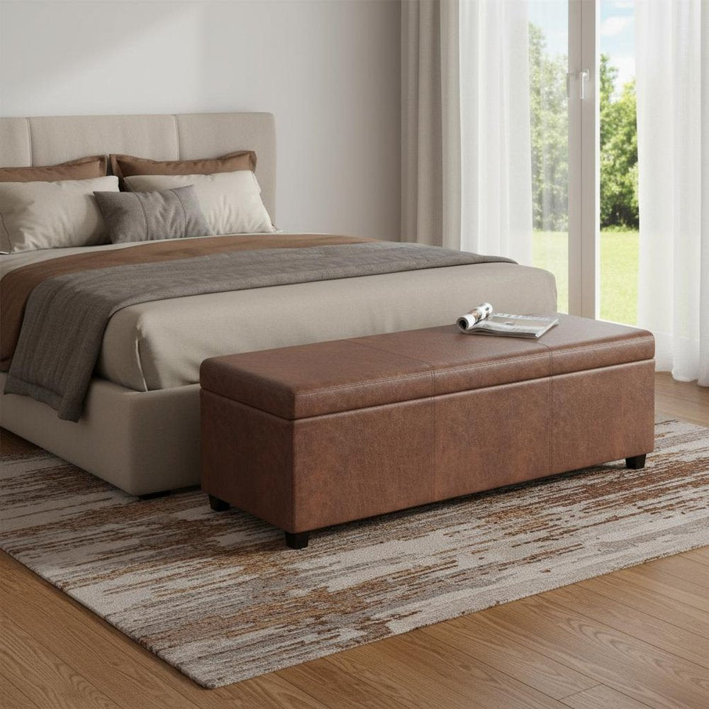 54" Saddle Brown And Dark Brown Faux Leather And Solid Wood Upholstered Storage Bench With Flip Top
