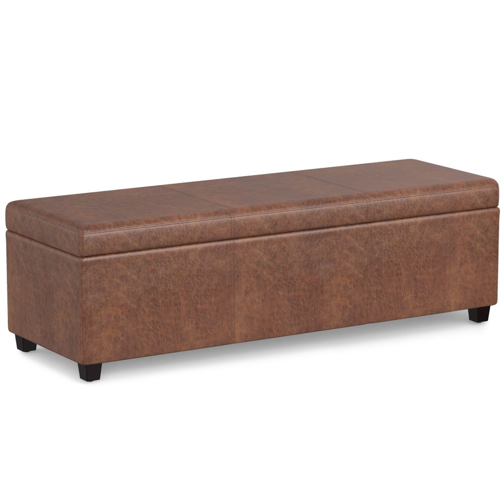 54" Saddle Brown And Dark Brown Faux Leather And Solid Wood Upholstered Storage Bench With Flip Top