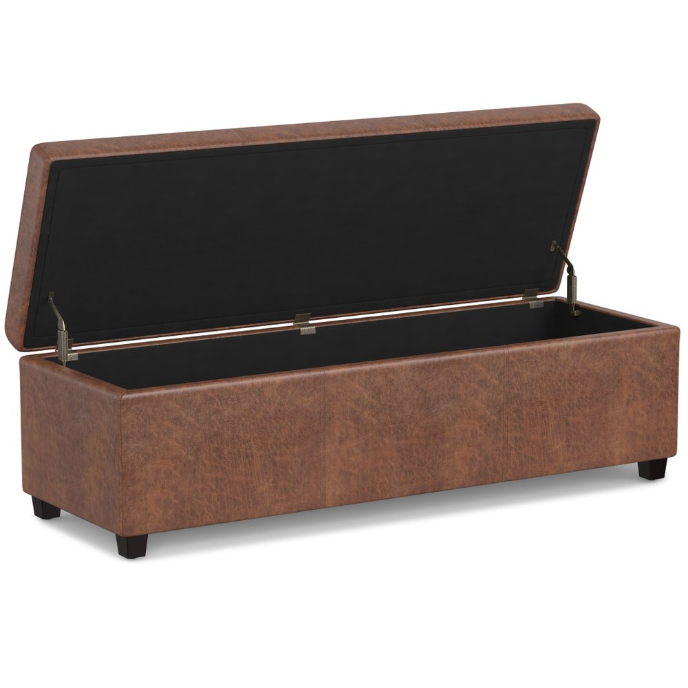 54" Saddle Brown And Dark Brown Faux Leather And Solid Wood Upholstered Storage Bench With Flip Top