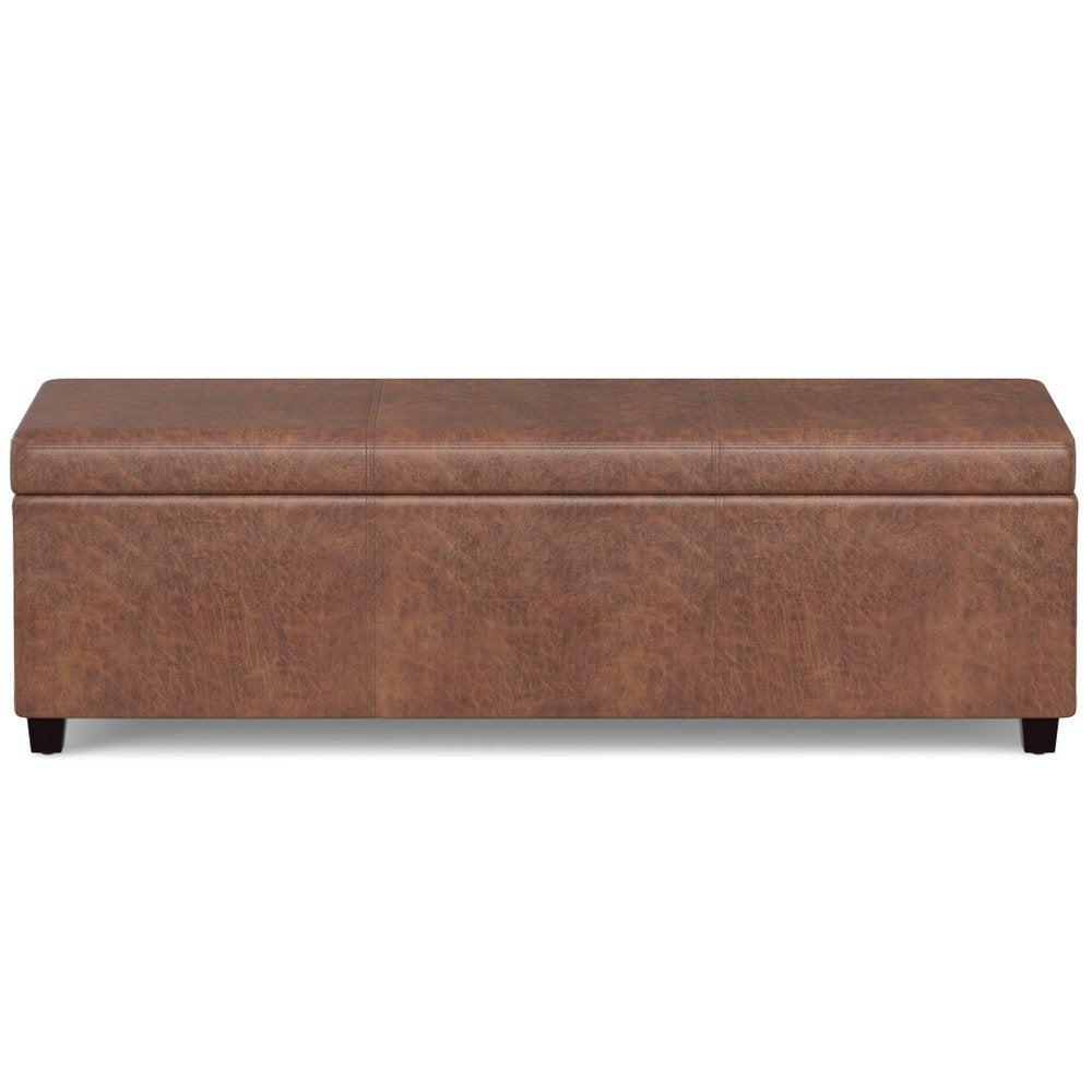 54" Saddle Brown And Dark Brown Faux Leather And Solid Wood Upholstered Storage Bench With Flip Top