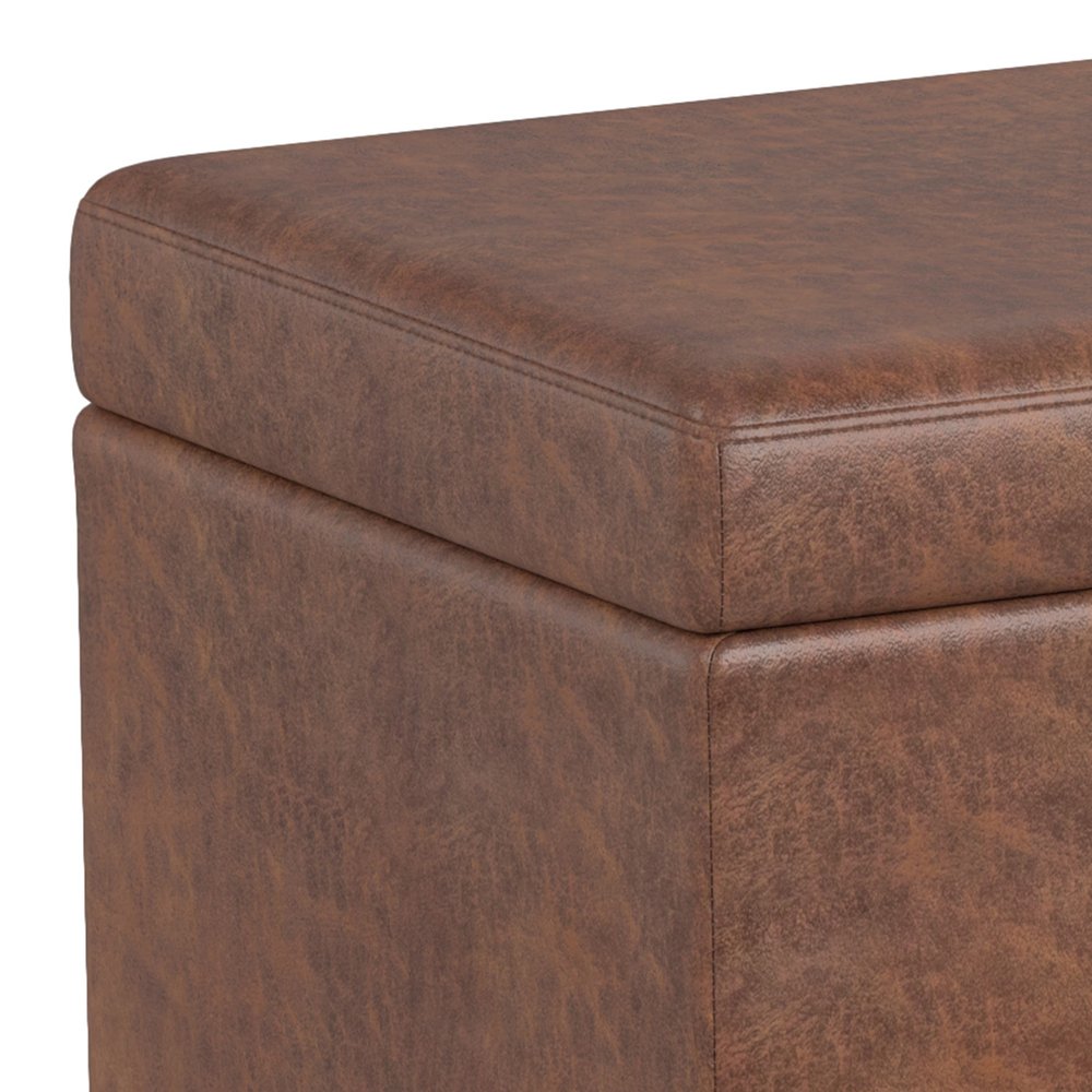 54" Saddle Brown And Dark Brown Faux Leather And Solid Wood Upholstered Storage Bench With Flip Top