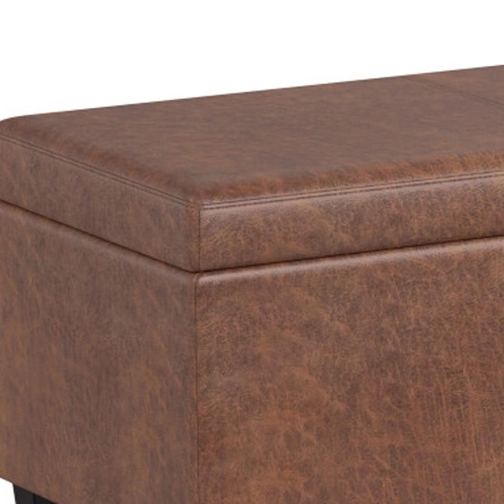 54" Saddle Brown And Dark Brown Faux Leather And Solid Wood Upholstered Storage Bench With Flip Top