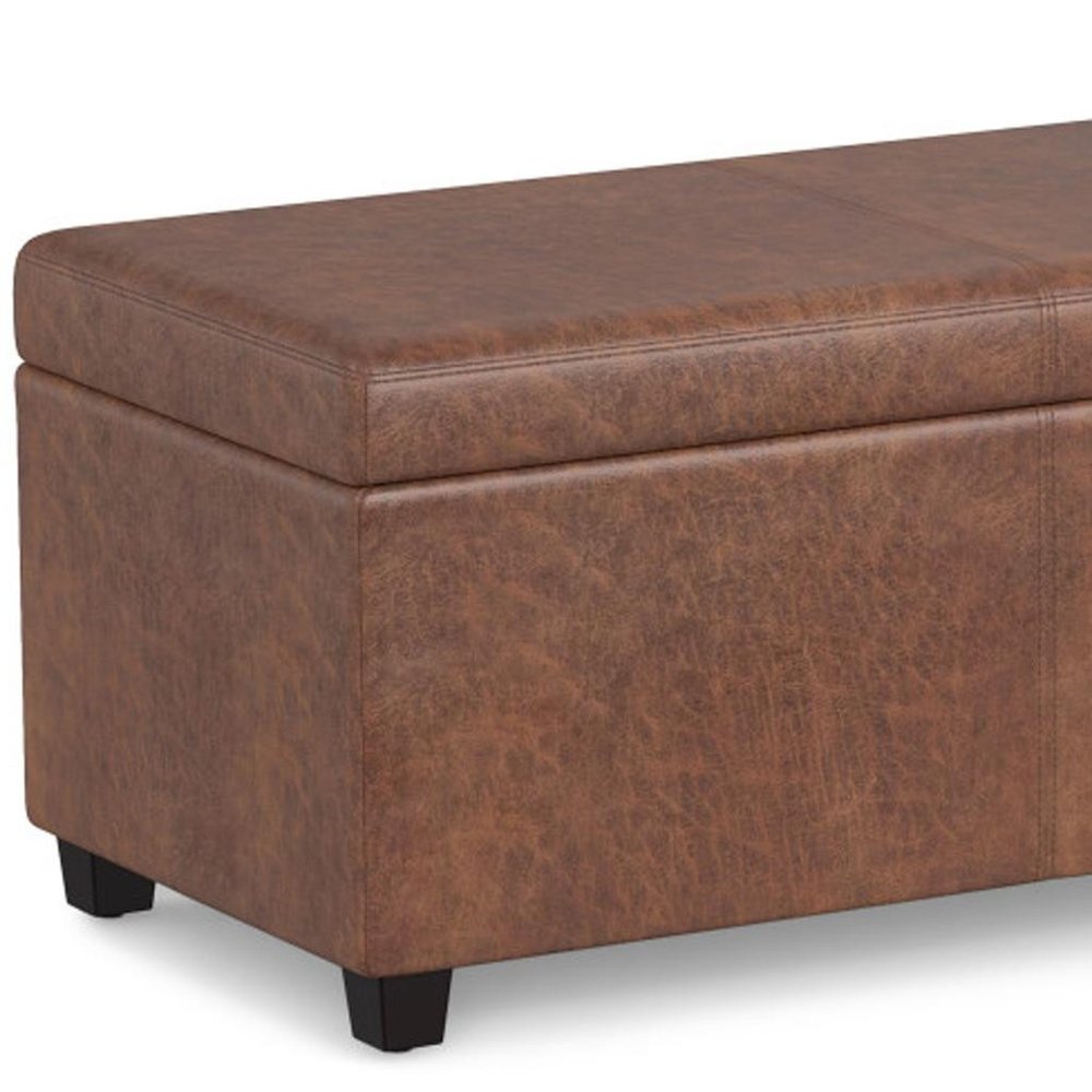 54" Saddle Brown And Dark Brown Faux Leather And Solid Wood Upholstered Storage Bench With Flip Top