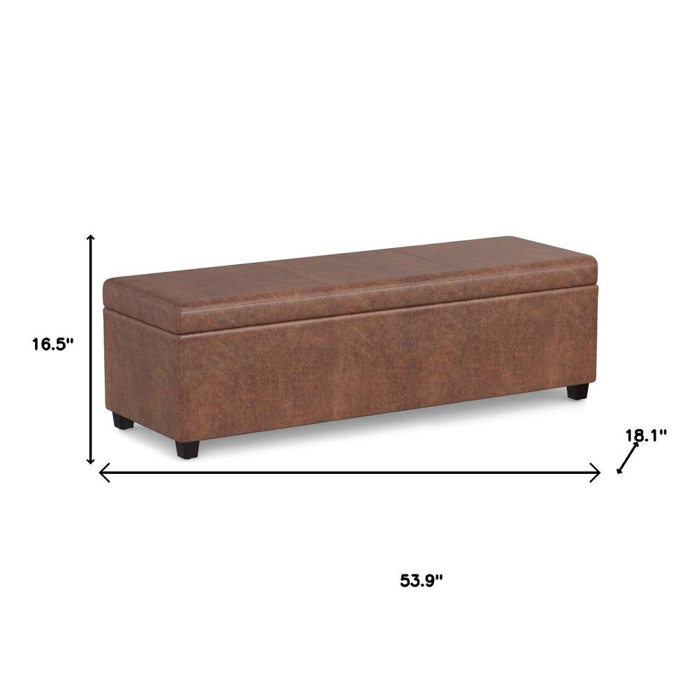 54" Saddle Brown And Dark Brown Faux Leather And Solid Wood Upholstered Storage Bench With Flip Top