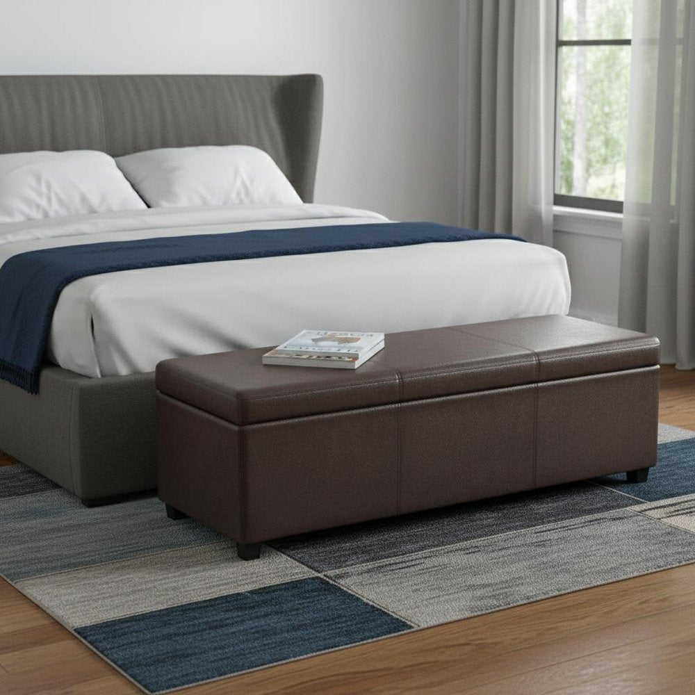 54" Saddle Brown And Dark Brown Faux Leather And Solid Wood Upholstered Storage Bench With Flip Top