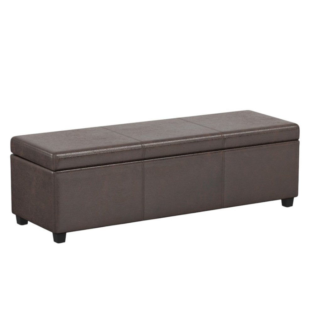 54" Saddle Brown And Dark Brown Faux Leather And Solid Wood Upholstered Storage Bench With Flip Top